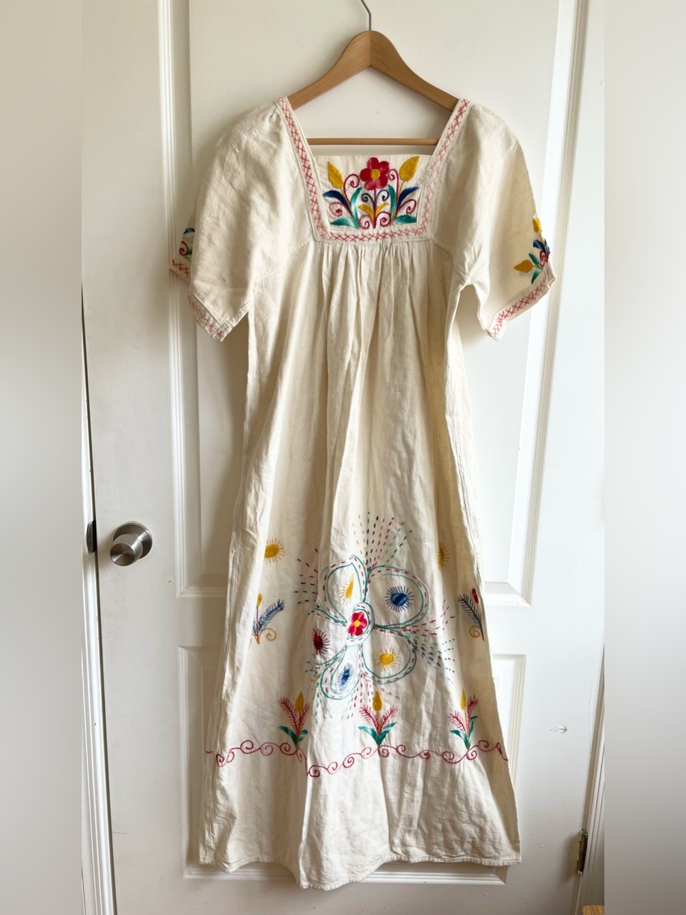 1970s Oaxaca Mexican Colorful Dress With Multi Colored Hand Embroidery